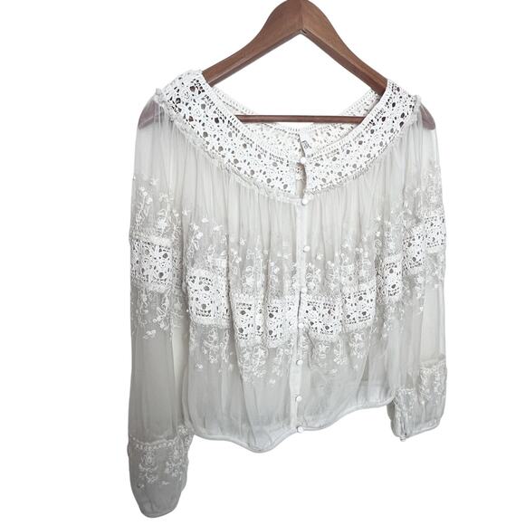 Vintage Free People Sheer Crochet Lace Embroidered Peasant Top Size XS Ivory - Picture 2 of 7